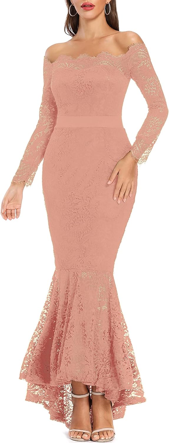 Women's Floral Lace Long Sleeve Off Shoulder Wedding Mermaid Dress