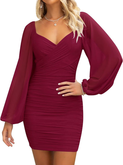 Women's Sexy V Neck Ruched Bodycon Mini Dress Puff Long Sleeve Cocktail Wedding Party Short Dresses