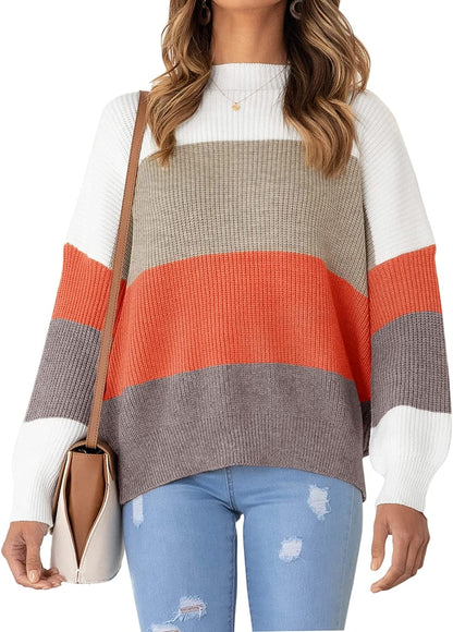 Women's 2023 Fall Long Sleeve Crew Neck Striped Color Block Casual Loose Knitted Pullover Sweater Tops