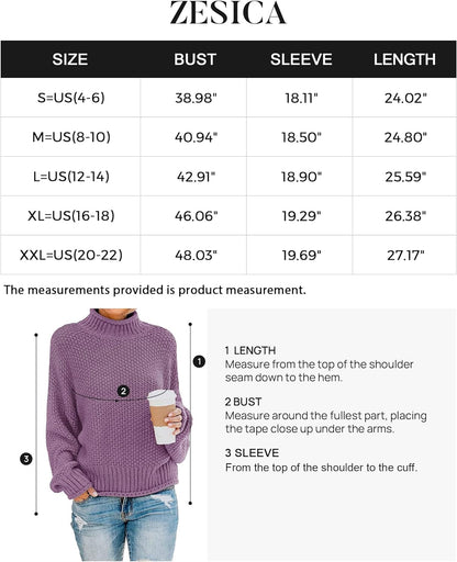 2023 Women's Turtleneck Batwing Sleeve Loose Oversized Chunky Knitted Pullover Sweater Jumper Tops