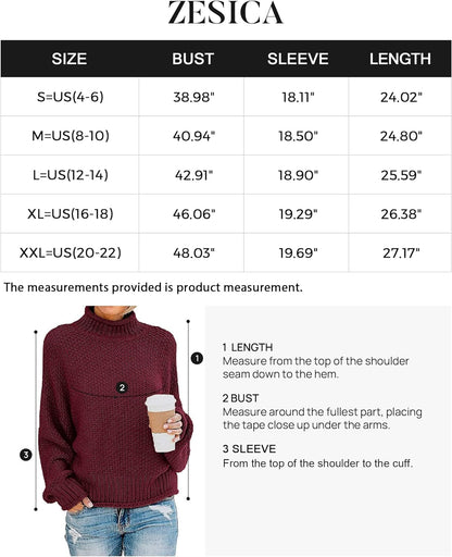 2023 Women's Turtleneck Batwing Sleeve Loose Oversized Chunky Knitted Pullover Sweater Jumper Tops