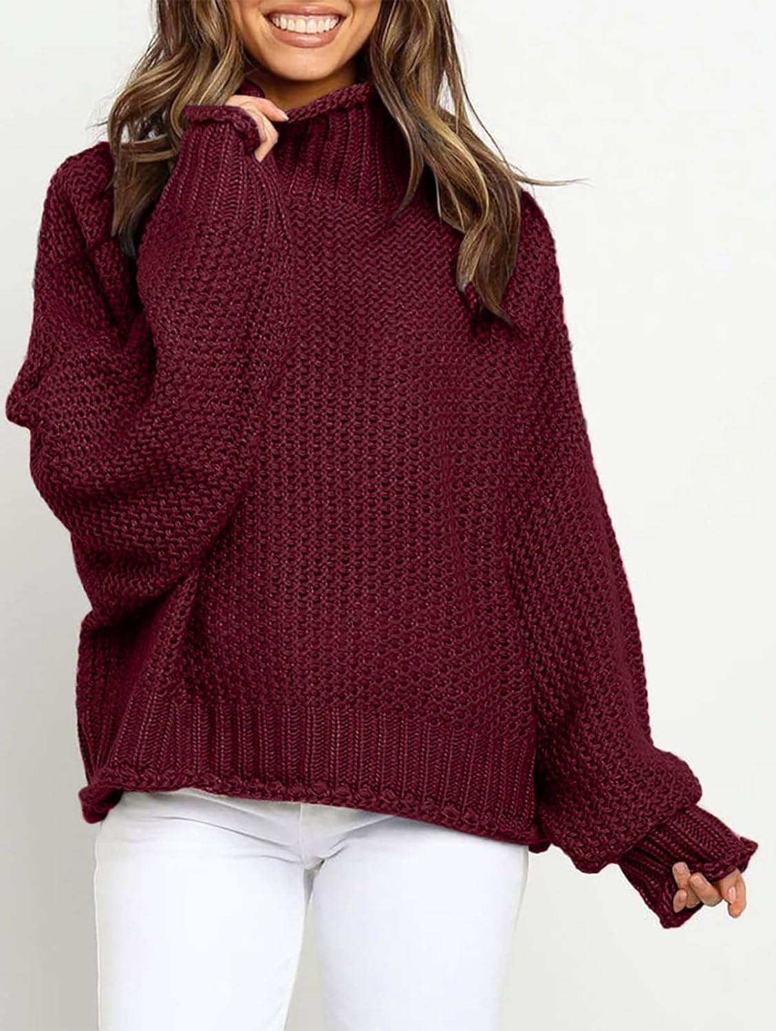 2023 Women's Turtleneck Batwing Sleeve Loose Oversized Chunky Knitted Pullover Sweater Jumper Tops