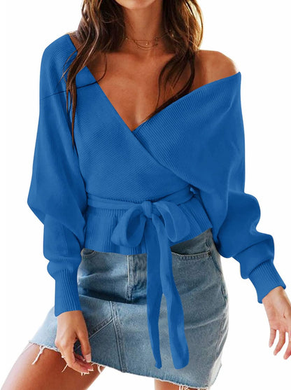 Women's 2023 Fall Wrap V Neck Long Batwing Sleeve Belted Waist Ruffle Knitted Sweater Pullover Top