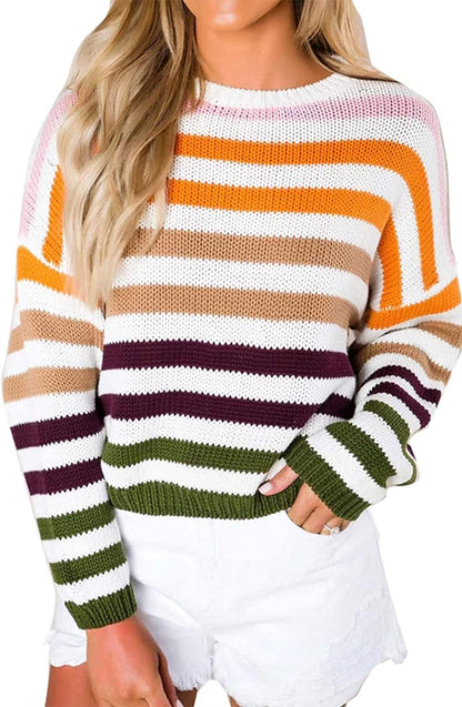 Women's 2023 Fall Long Sleeve Crew Neck Striped Color Block Casual Loose Knitted Pullover Sweater Tops