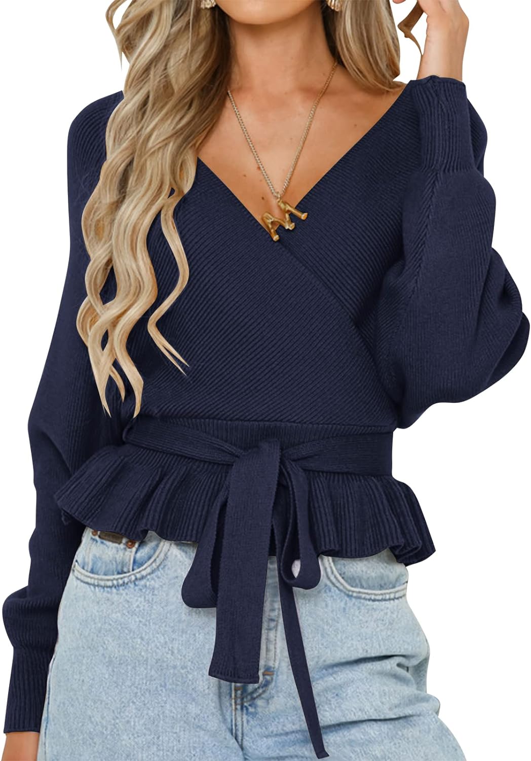 Women's 2023 Fall Wrap V Neck Long Batwing Sleeve Belted Waist Ruffle Knitted Sweater Pullover Top