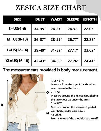 Women's 2023 Fall Wrap V Neck Long Batwing Sleeve Belted Waist Ruffle Knitted Sweater Pullover Top