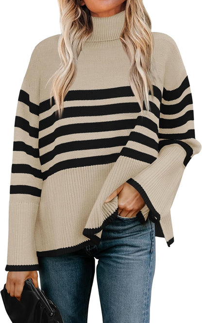 Women's 2023 Winter Sweaters Casual Turtleneck Long Sleeve Striped Side Slit Loose Pullover Sweater Jumper Tops