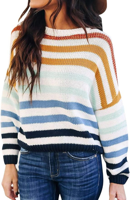 Women's 2023 Fall Long Sleeve Crew Neck Striped Color Block Casual Loose Knitted Pullover Sweater Tops