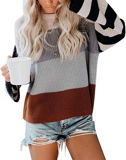 Women's 2023 Fall Long Sleeve Crew Neck Striped Color Block Casual Loose Knitted Pullover Sweater Tops