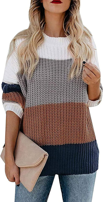 Women's 2023 Fall Long Sleeve Crew Neck Striped Color Block Casual Loose Knitted Pullover Sweater Tops