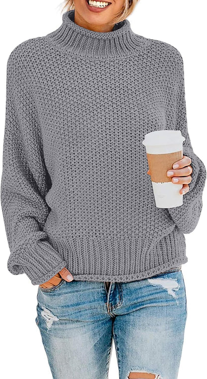 2023 Women's Turtleneck Batwing Sleeve Loose Oversized Chunky Knitted Pullover Sweater Jumper Tops