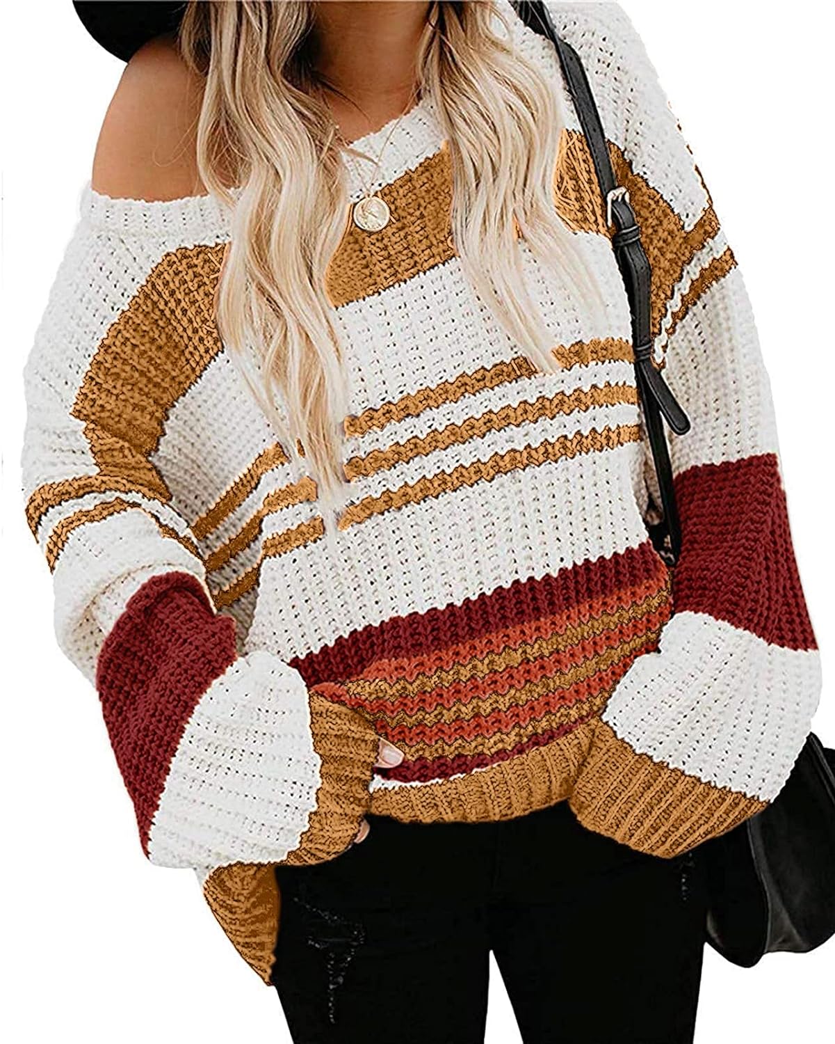 Women's 2023 Fall Long Sleeve Crew Neck Striped Color Block Casual Loose Knitted Pullover Sweater Tops