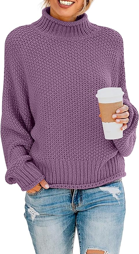 2023 Women's Turtleneck Batwing Sleeve Loose Oversized Chunky Knitted Pullover Sweater Jumper Tops