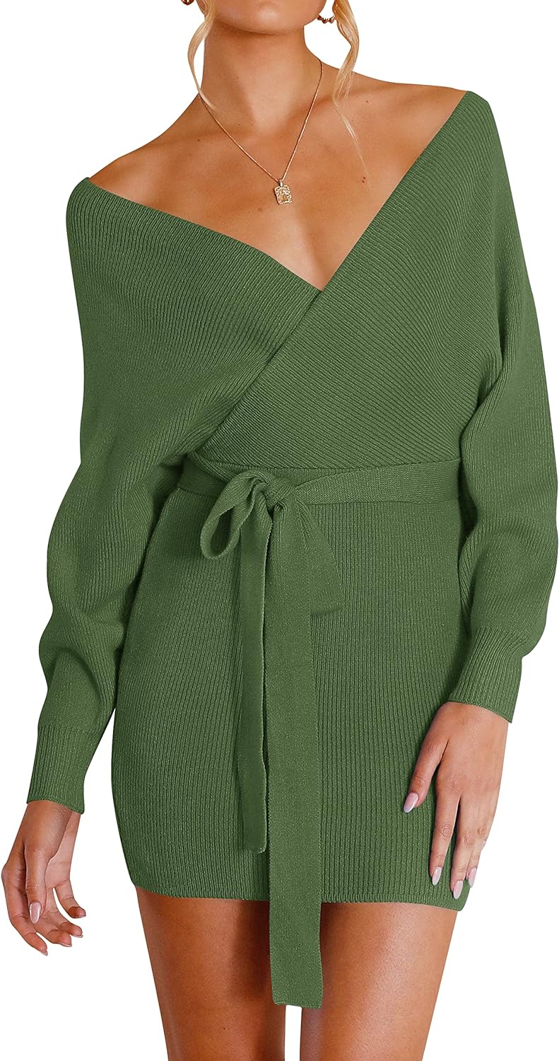 Tempthome Women's 2023 Fall Long Batwing Sleeve Wrap V Neck Knitted Backless Bodycon Pullover Sweater Dress with Belt