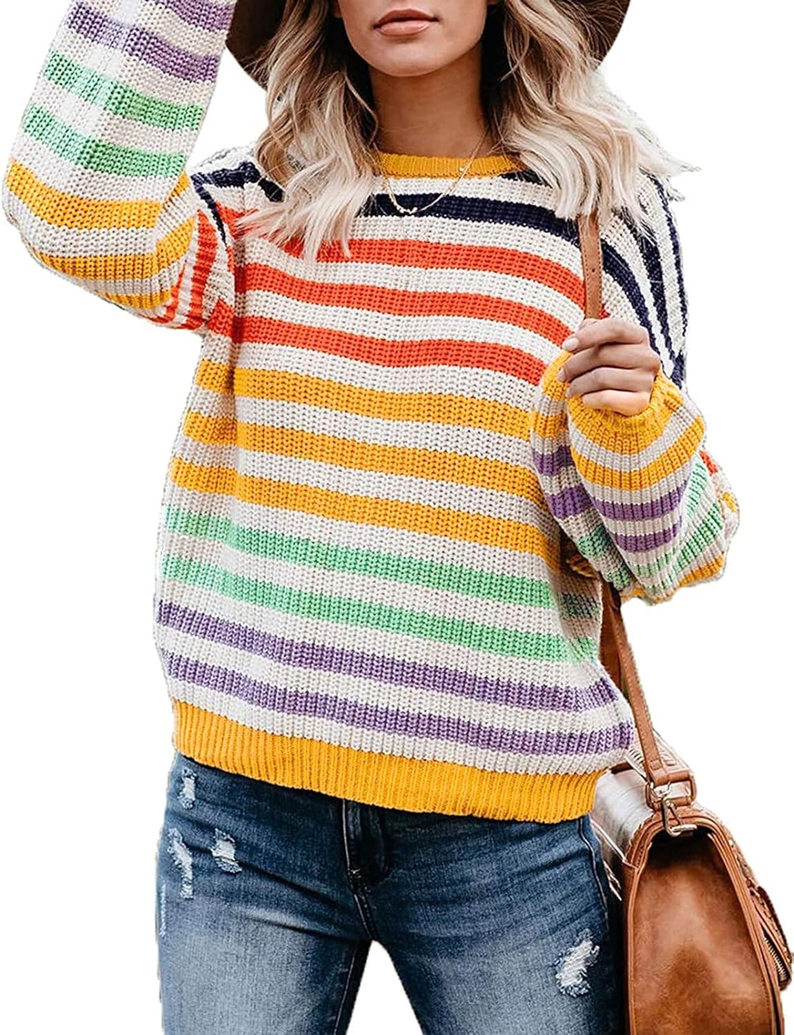 Women's 2023 Fall Long Sleeve Crew Neck Striped Color Block Casual Loose Knitted Pullover Sweater Tops