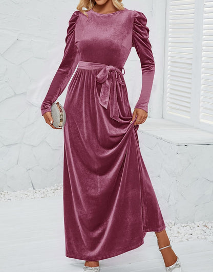 Tempthome Women's Velvet Maxi Dress Long Puff Sleeve Crew Neck Elastic High Waist Cocktail Party Bridesmaid Dresses