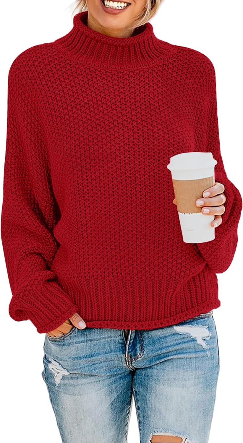 Women's 2023 Turtleneck Batwing Sleeve Loose Oversized Chunky Knitted Pullover Sweater Jumper Tops