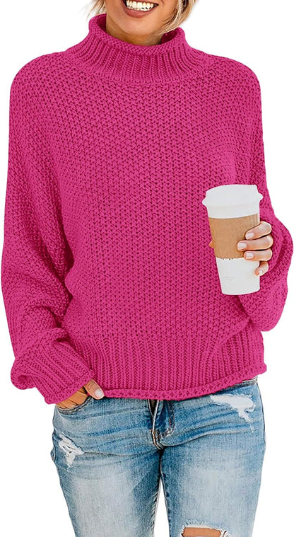 2023 Women's Turtleneck Batwing Sleeve Loose Oversized Chunky Knitted Pullover Sweater Jumper Tops