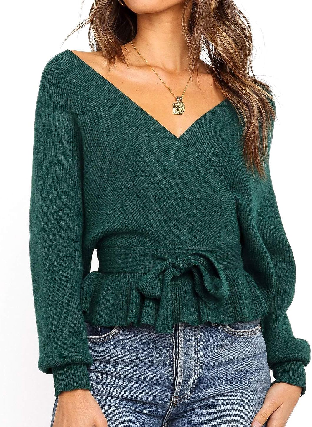 Women's 2023 Fall Wrap V Neck Long Batwing Sleeve Belted Waist Ruffle Knitted Sweater Pullover Top