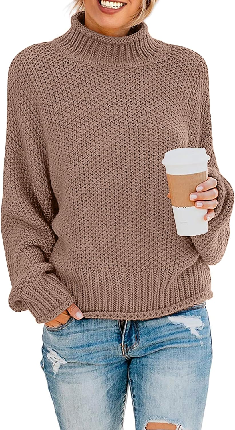 2023 Women's Turtleneck Batwing Sleeve Loose Oversized Chunky Knitted Pullover Sweater Jumper Tops