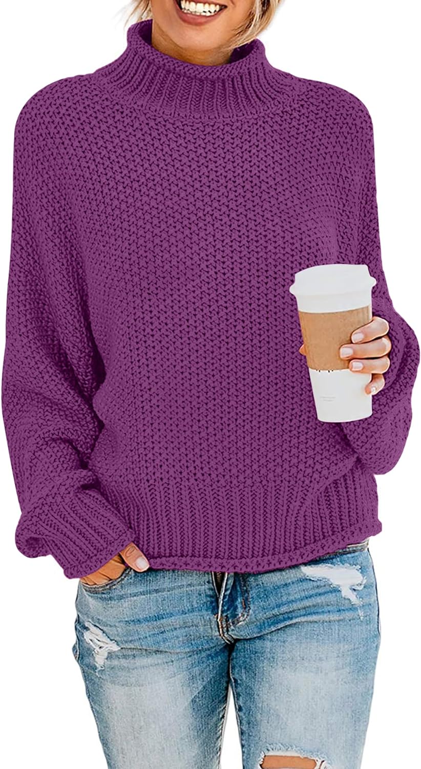 2023 Women's Turtleneck Batwing Sleeve Loose Oversized Chunky Knitted Pullover Sweater Jumper Tops