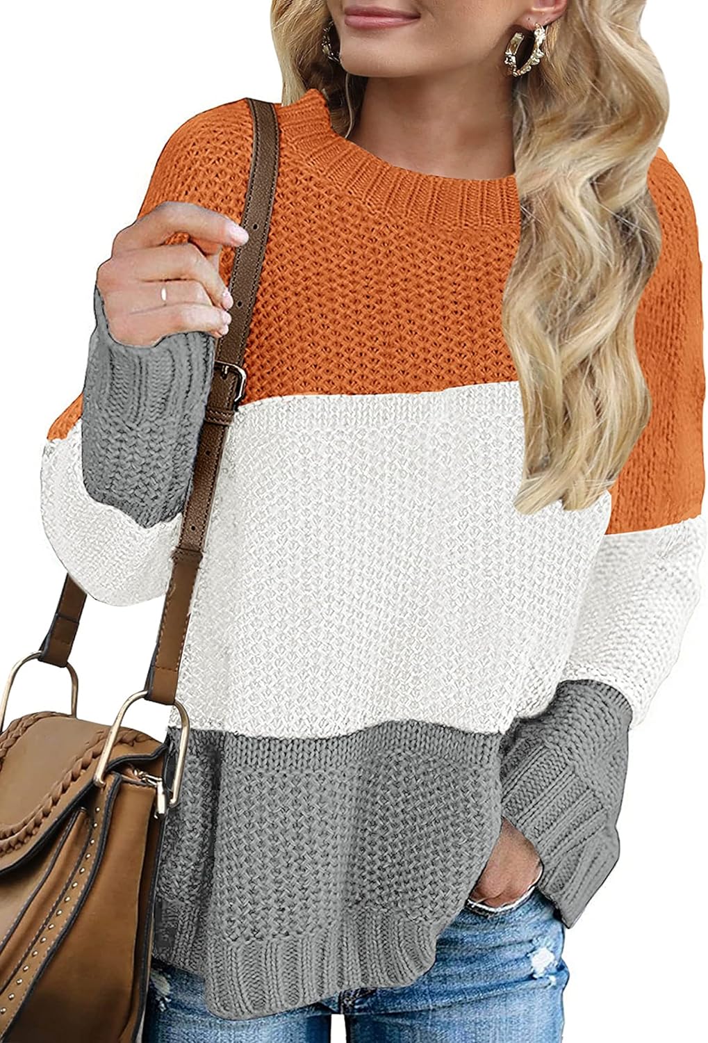 Women's 2023 Fall Long Sleeve Crew Neck Striped Color Block Casual Loose Knitted Pullover Sweater Tops