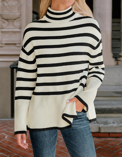 Women's 2023 Winter Sweaters Casual Turtleneck Long Sleeve Striped Side Slit Loose Pullover Sweater Jumper Tops