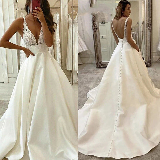 Deep V neck satin wedding dress A-line lace appliqué long bridal dress tailored -
