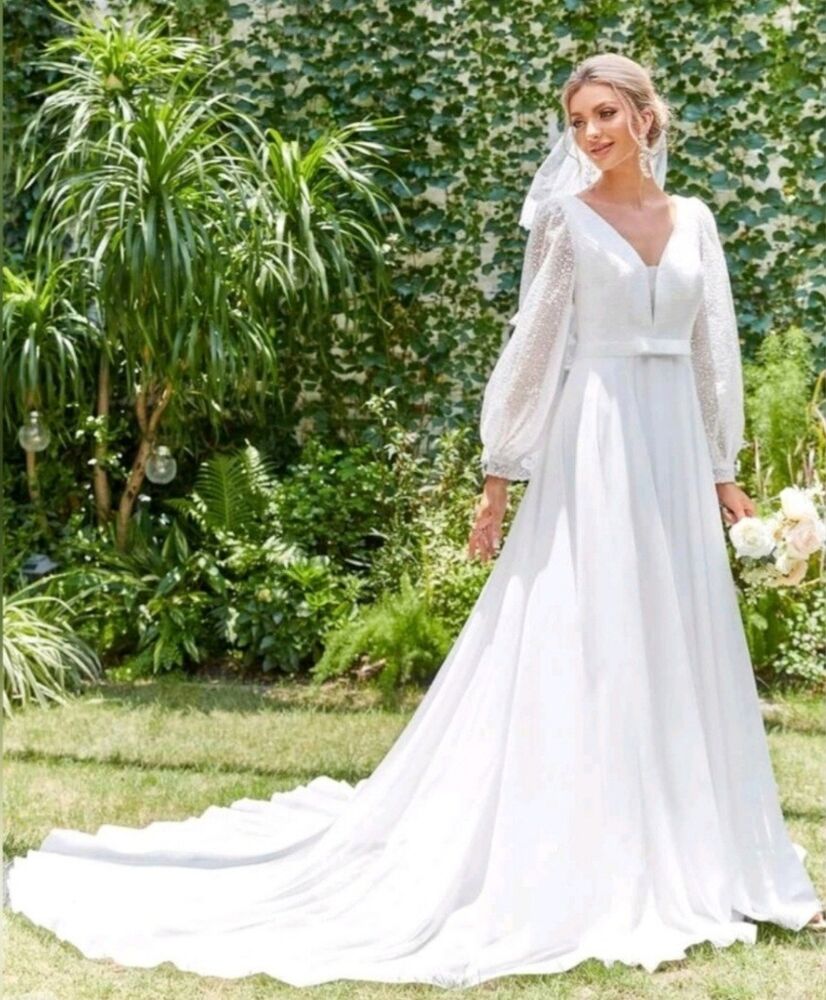Wedding A-Line Lantern-Sleeve Chiffon V-Neck Mesh Gown Long Dress