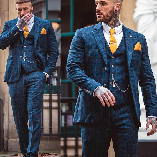 Checkered men's suit 3-piece slim winter suit pants groom wedding formal Tailcoat