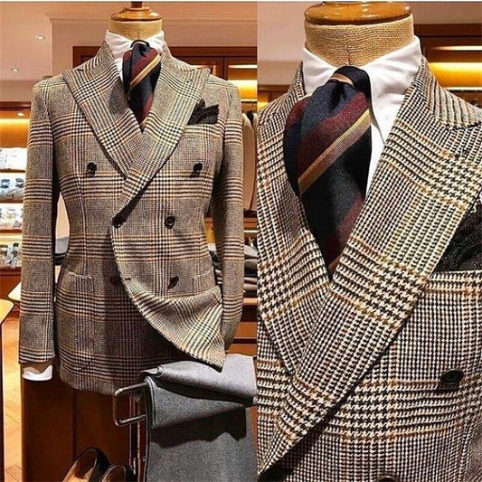 Houndstooth men's suit wide peak lapel jacket 2-piece double breasted jacket business-