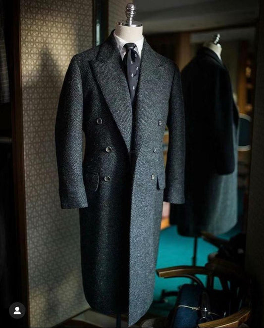 Men's tweed long coat wool peak lapel set double-breasted custom autumn and winter