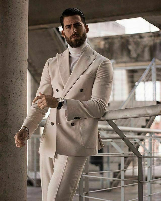 2023 beige cashmere suit men's suit double breasted wide peak lapels formal tuxedo 2 pieces
