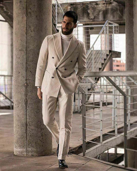 Men's suit 2023 beige cashmere suit double breasted wide peak lapels formal tuxedo 2 pieces