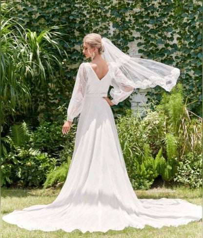 Wedding A-Line Lantern-Sleeve Chiffon V-Neck Mesh Gown Long Dress